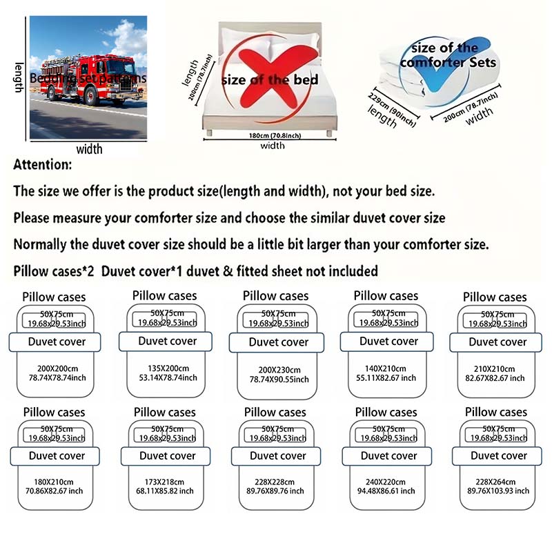 Red Fire Truck Driving On Road Print Soft Comfortable Duvet Cover Bedding Set Included 1*Duvet Cover  2*Pillowcases
