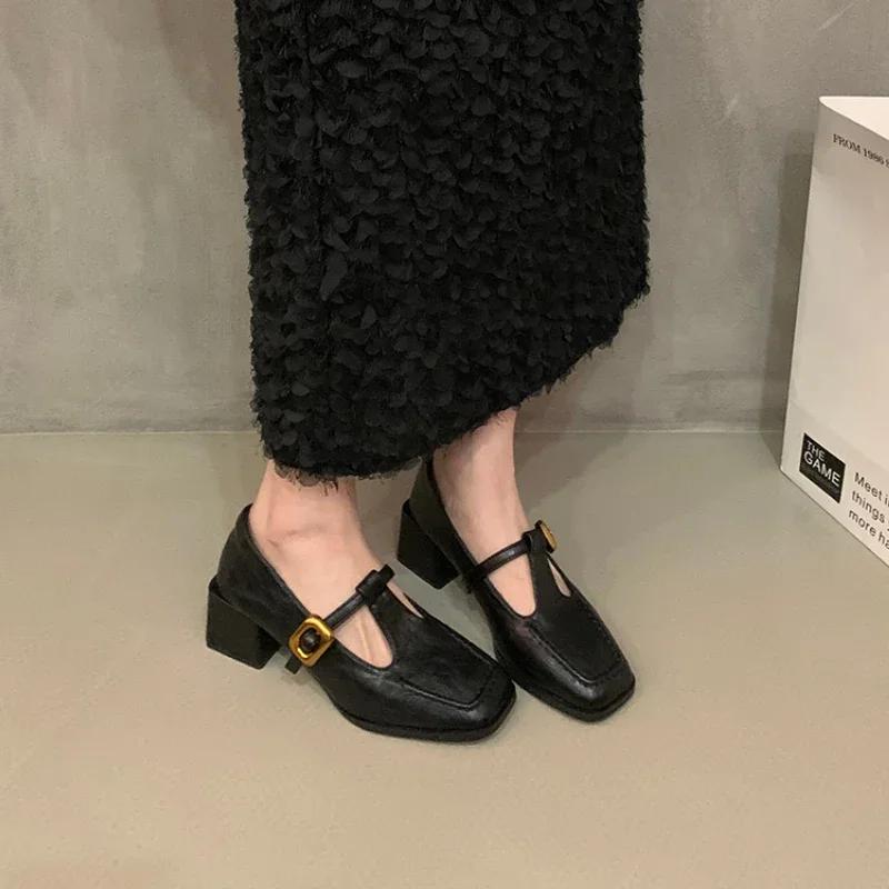 

Fashion Women Mary Janes Pumps Spring/Autumn Small Square Head Pumps Fashion Buckle Strap Square Heel Solid Casual Office Shoes 35 чёрный