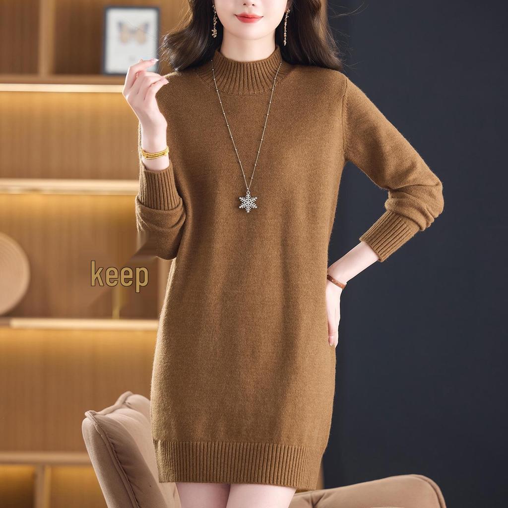 2025 Women's Stylish Loose High Neck Knit Sweater Dress - Mid-Length, Winter Inner Layer for Moms
