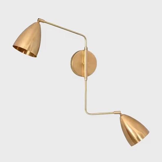 Handcrafted Twin Shade Wall Sconce  Dual Light Brass Bedside Lamp with Curved Arms, Inspired Pendant Design