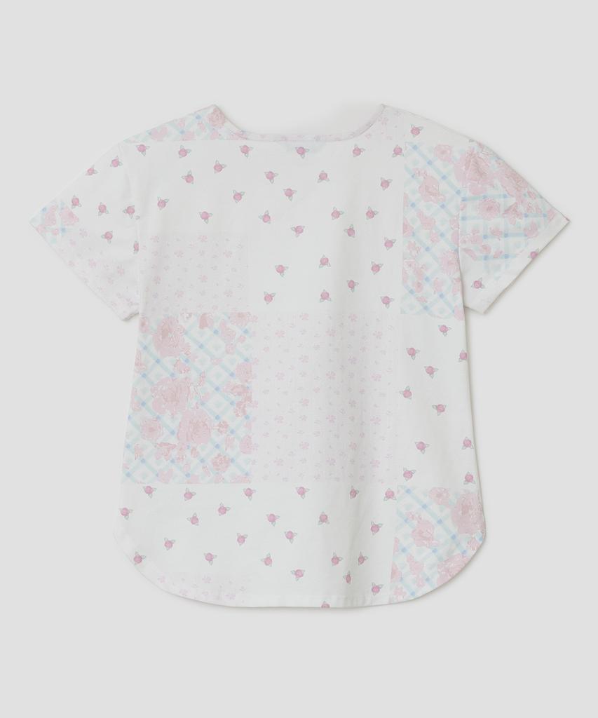 Taibseobiseu Flower Applique Curve Short Sleeve Top [Pink]