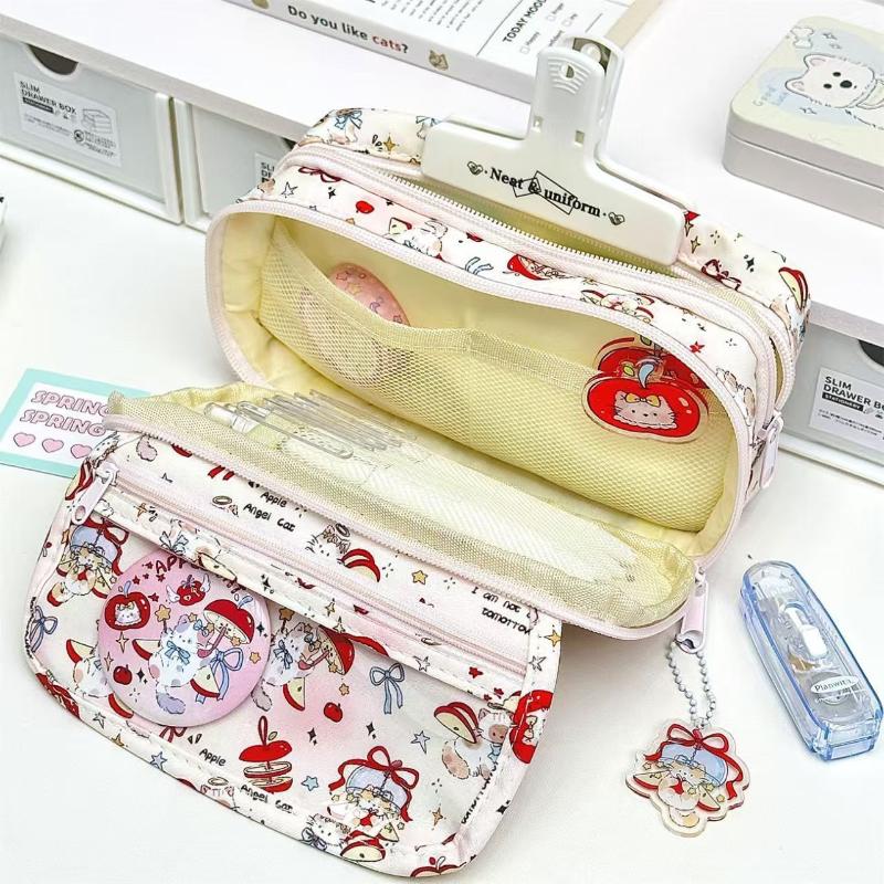 Cute Tomato Apple Cat Printed Pencil Bag Student Large Capacity Multi-Layer Stationery Storage Bag Gift