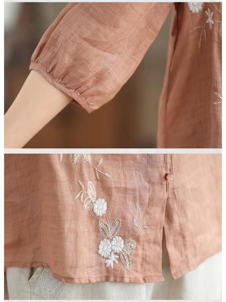 Damska koszula retro z haftem, bawełniano-lniana, z guzikami żabkami i stójką