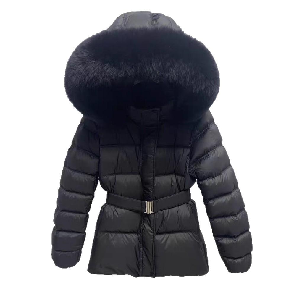 Foreign style waist and thin down jacket women's medium and long small down thickened warm butt cover belt jacket winter