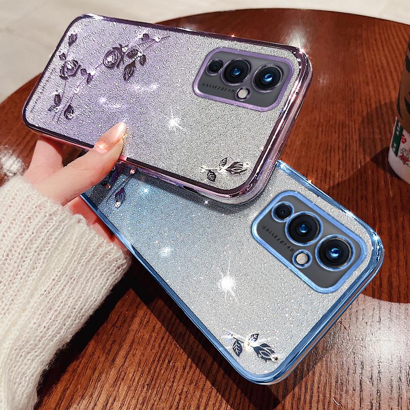 

KADEM For OnePlus 9 (EU/US Version) Gradient TPU Anti-scratch Cover Rhinestone Flower Glitter Phone Case Blue