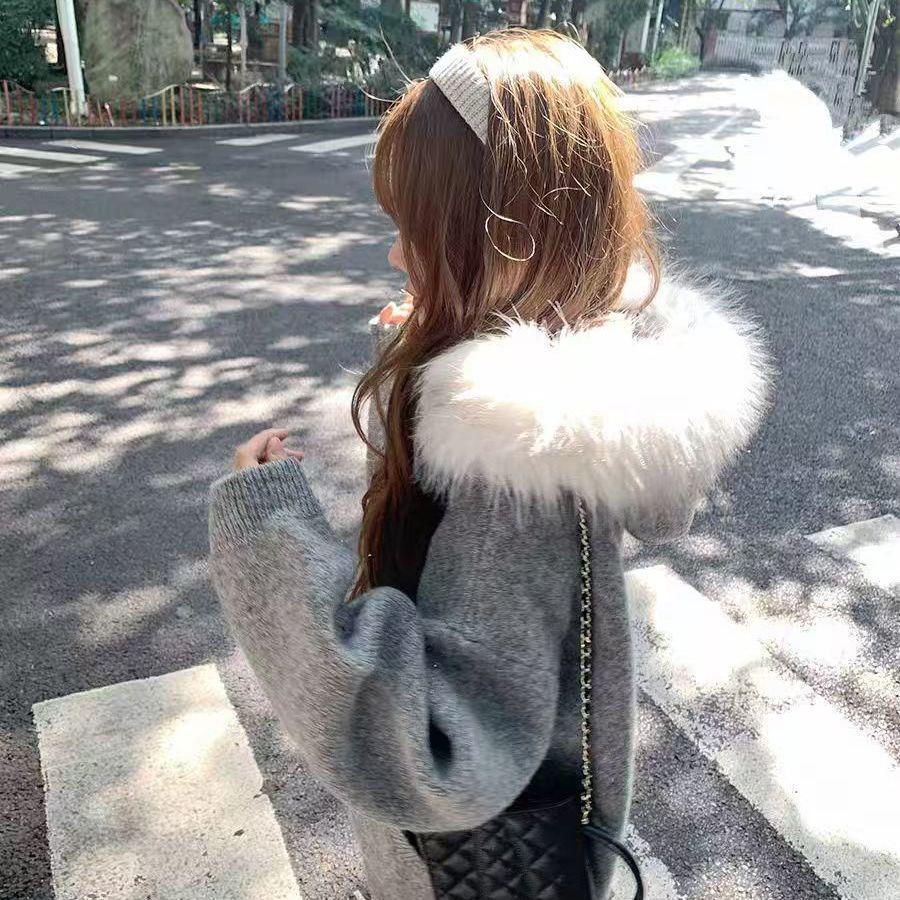 Большой воротник Свитер Кардиган Куртка Женская Осень Зима Свободный крой Приталенный Вязаный свитер L серый