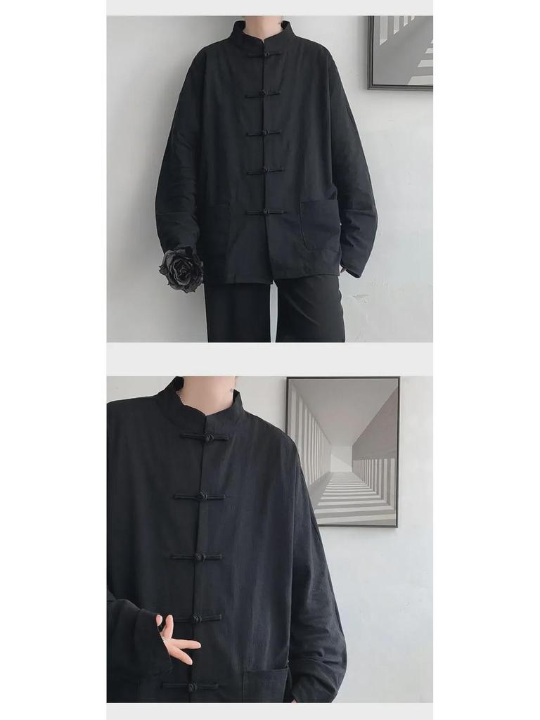 Herren Langarm Leinen Chinesische geknöpfte Hanfu Tang Jacke, Übergröße