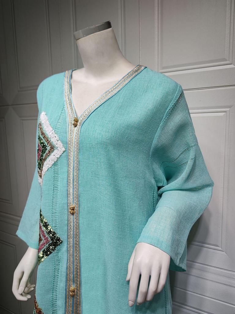 AB185 Abaya Transfrontalieră din Bumbac In cu Broderie cu Paiete – Robă de Modă cu Croială Largă