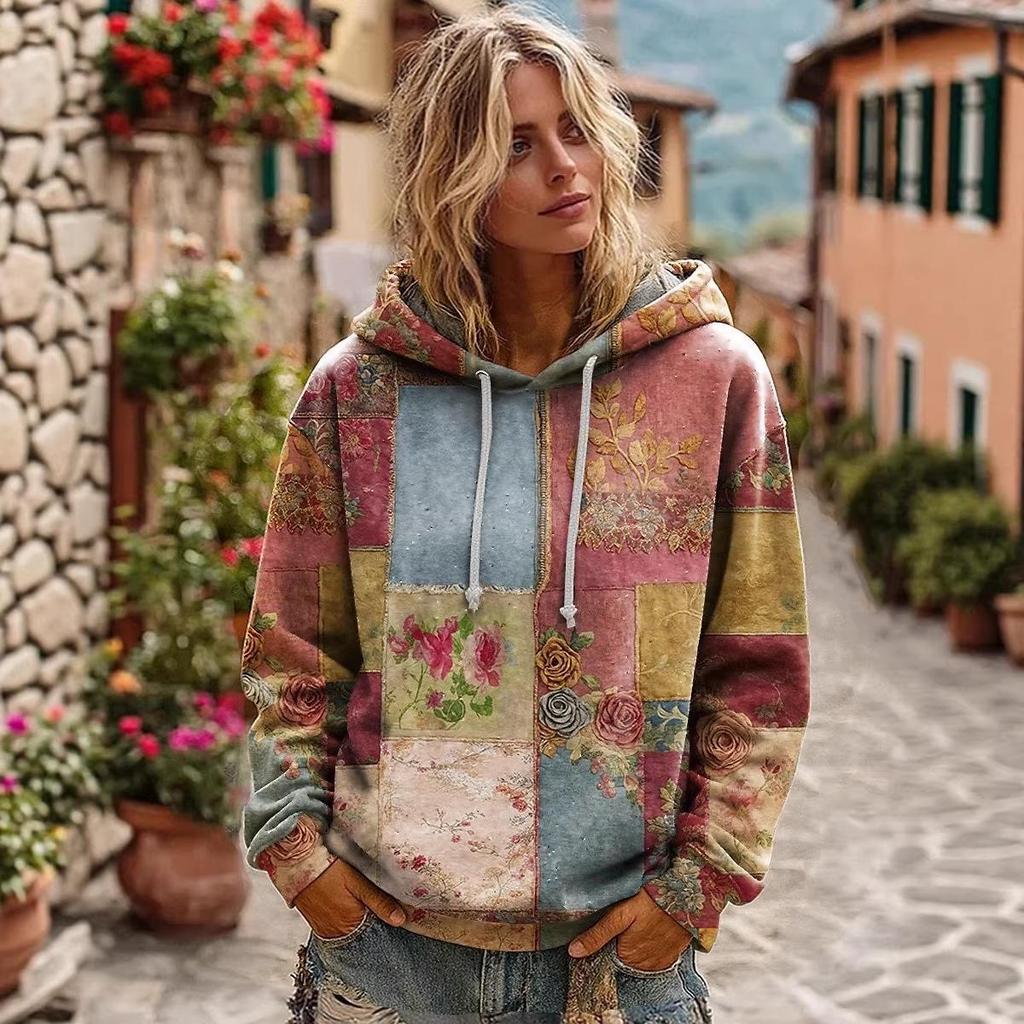 Felpa con cappuccio, allacciatura, maniche lunghe, stampa, da donna, Autunno/Inverno 2025