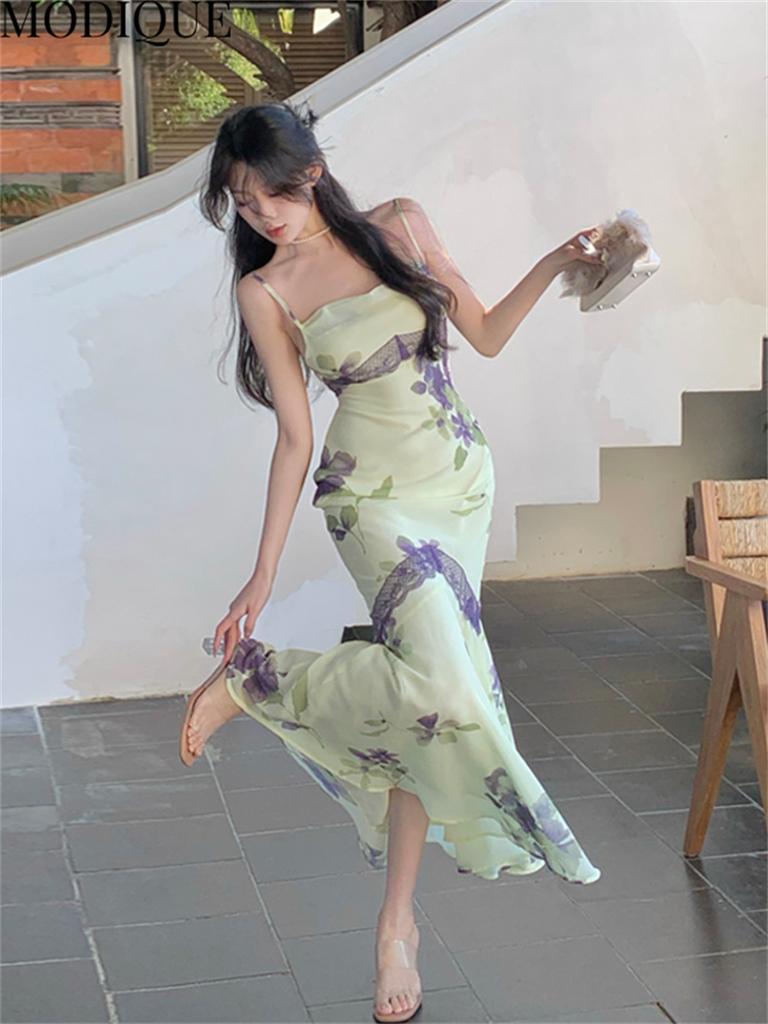MODIQUE Summer Women Elegant Floral Print Casual Beach Backless Mesh Gauze Chiffon Girly Halter Long Dresses Lady Fairycore Atmosphere Hip Wrap Dress