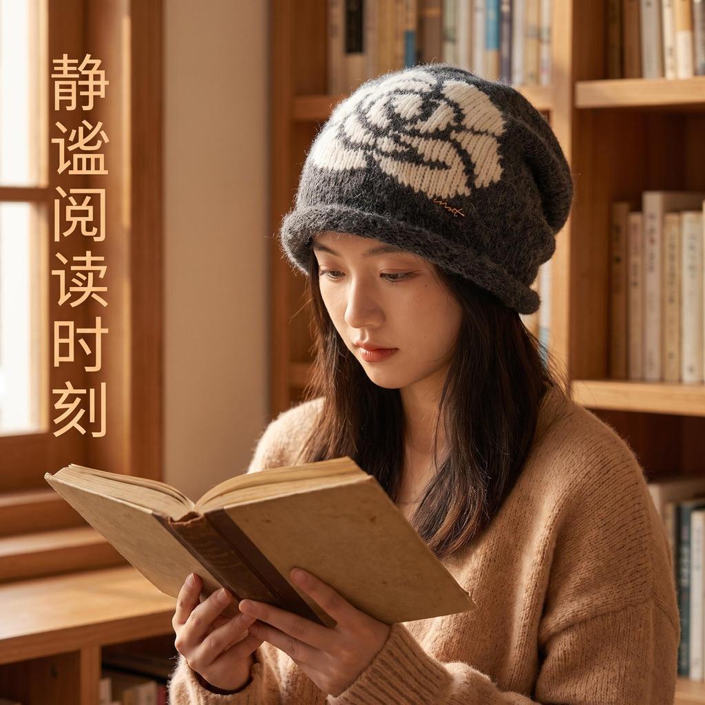 Women S Vintage Rose Embroidery Knitted Beanie Hat Korean Style Warm Winter Hat