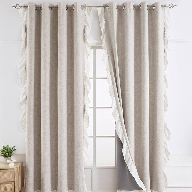 Ruffle Semi-Sheer Curtains, Plain Faux Linen Textured Vintage American Farmhouse Curtain Set for Living Room, Bedroom, Study