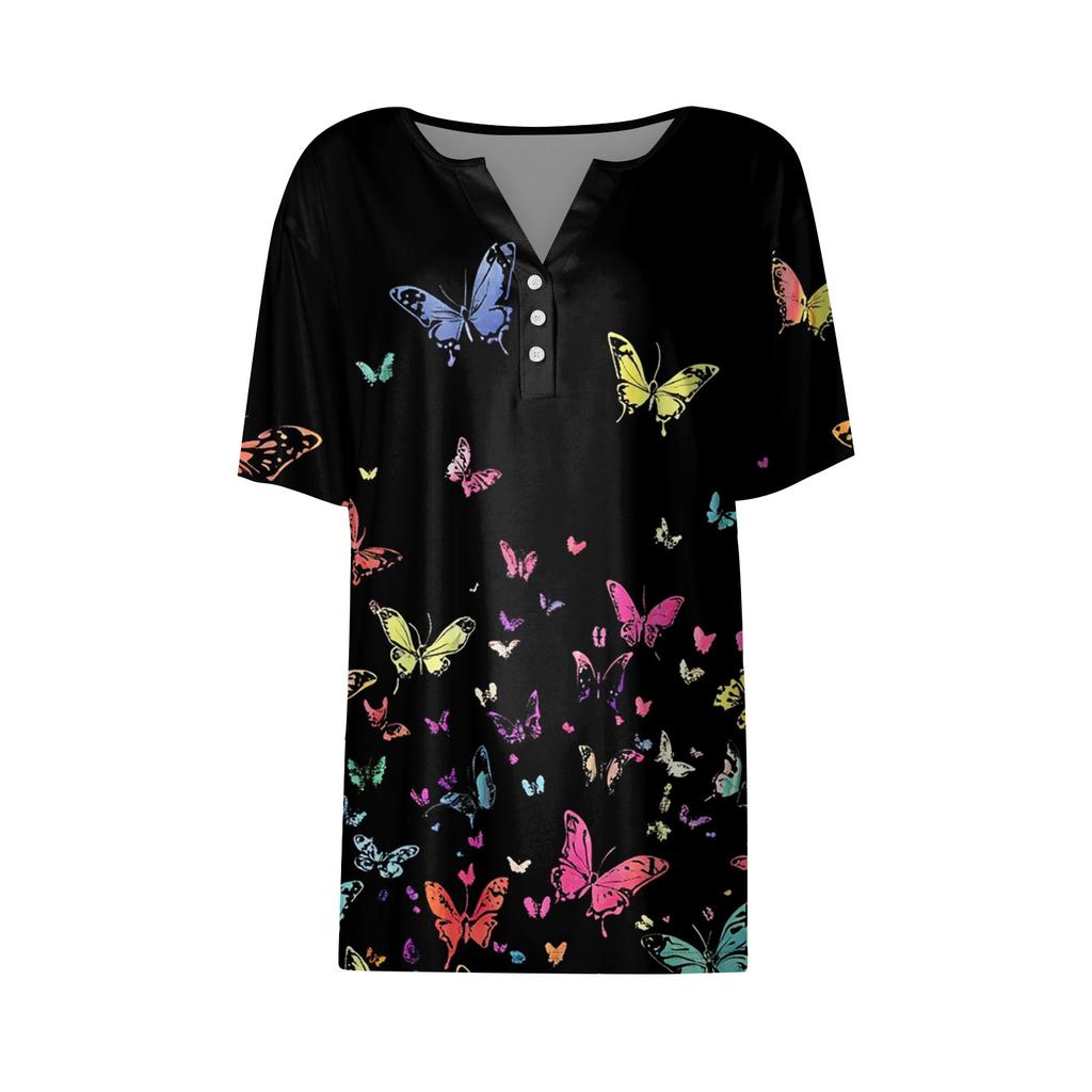 Damen-T-Shirt, T-Shirt, bedruckt, Knopfleiste, kurzärmelig, für den Alltag, Wochenende, modisch, Basic, V-Ausschnitt, normales Oberteil