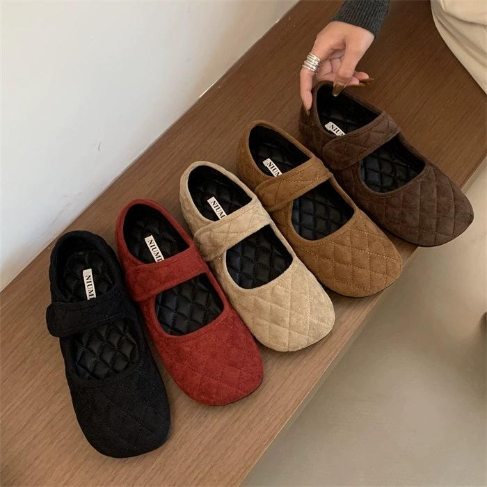 Vintage Suede Rhombus Velcro Shallow Mouth Mary Jane Shoes Night Breeze Gentle Soft Sole Versatile Lazy Bread Single Shoes