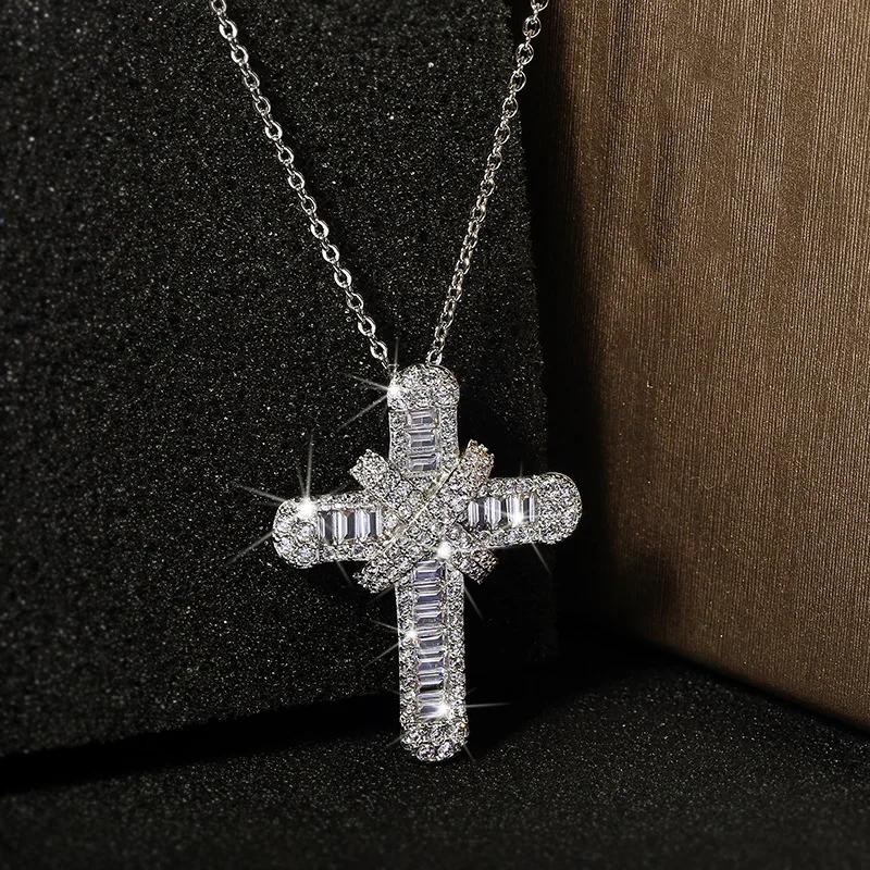 Luxury Women Crystal Cross Pendant Necklace Charm Silver Color Chain Necklace for Women Cute Bride Hand Cross Wedding Necklace