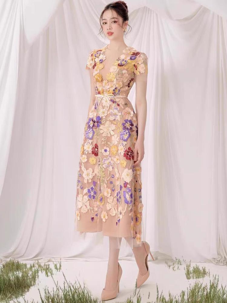 Colorful Flower Embroidery V-Neck Short-Sleeve Dress by Vietnamese Designer