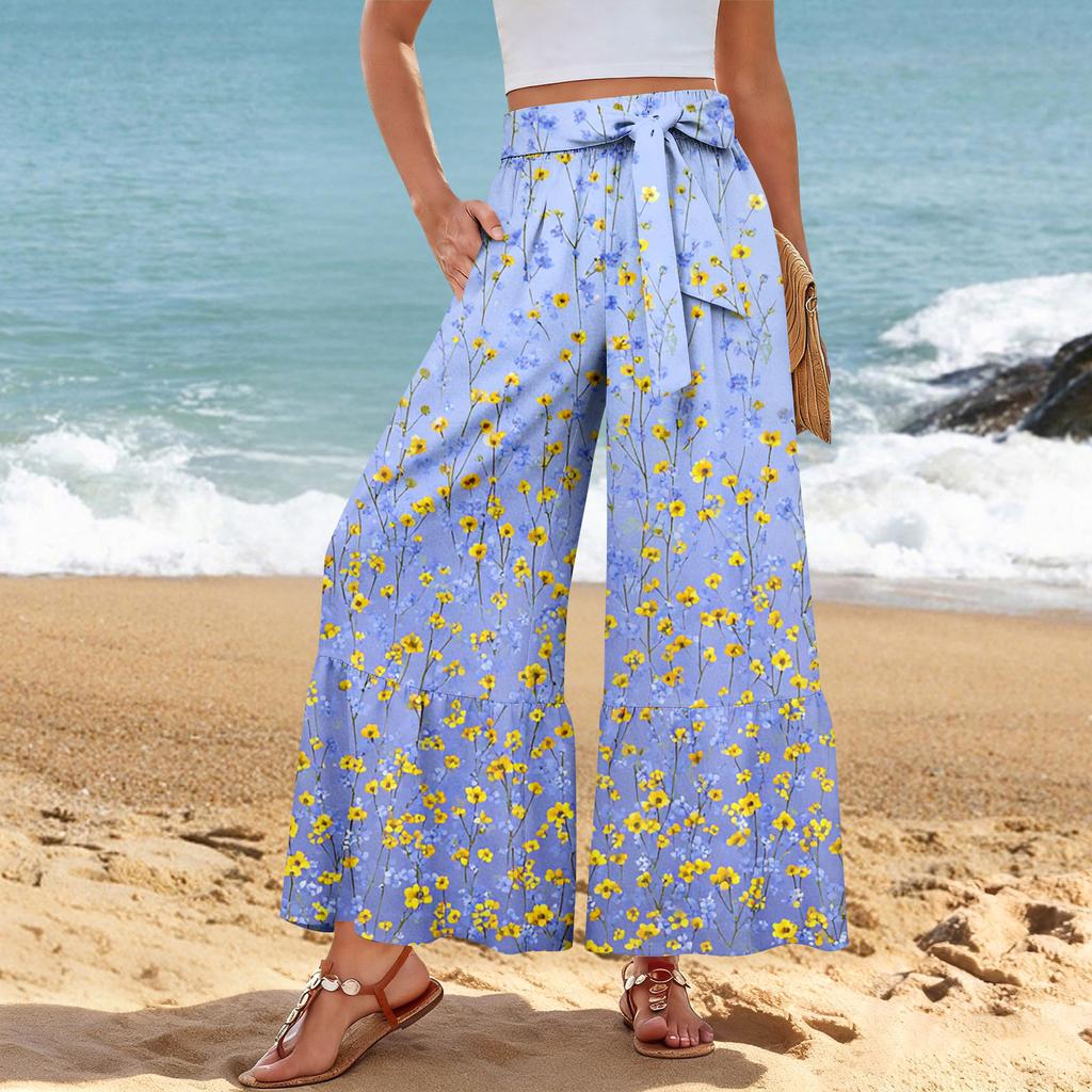 Pantalon décontracté large pour femme, Stretch, Taille haute, Ourlet à volants, Jambes larges, Ceinture, Et poches