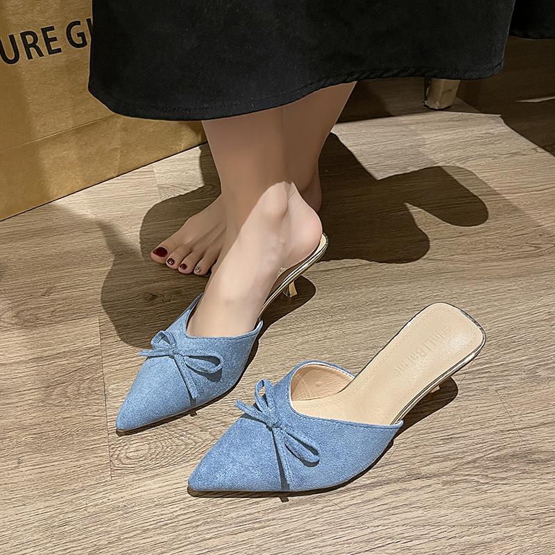 Fashion Pointed Toe Women Mules Slippers Shoes Fashion Butterfly-knot Slip On Slides Design Style Low Heels Banquet Party Sandals Shoes