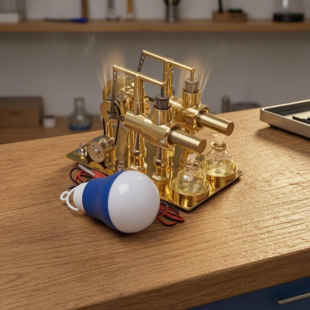 double Cylinder HeatCycle Engine Glass Vessels Model Visible Flywheel