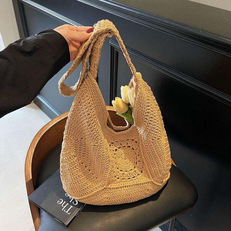 

Large Capacity Straw Bag Women Summer 2025 New One-Shoulder Commuter Tote Bag Idle Style Vacation Beach Woven Bag Khaki splicing
