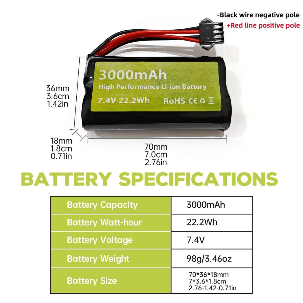 2PCS 7.4V 3000mAh 15C 2S Li-ion Battery with SM-4P Plug and USB Charging Cable for EC08, DE85, Remote Control Cars, Trucks, Boats, Drones, and