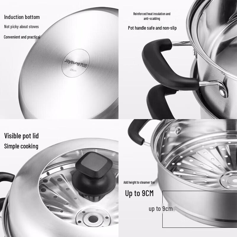 Joyoung 3-Tier Stainless Steel Steamer Pot with High Arched Lid, 28cm