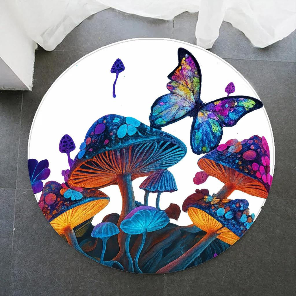 Mushrooms Round Rug Magical Colorful Mushrooms Butterflies Plants Area Rugs Forest Decor Carpet Mat for Living Room and Playroom
