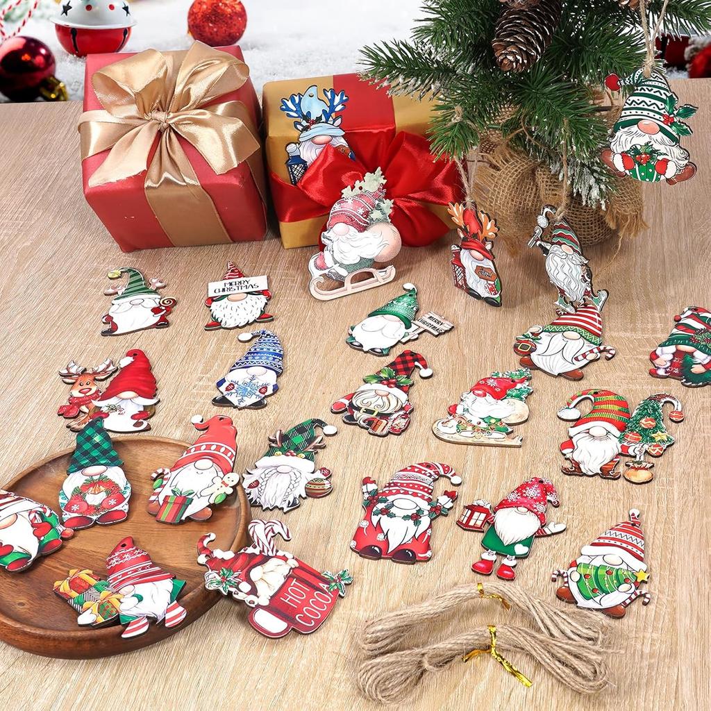 Wooden Gnome Christmas Ornaments for Xmas Tree, Gnome Christmas Decorations, Small Wood Gnomes Hanging Ornament Bulk for Mini Tree, Garland, Wreaths,