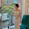 French white one-word shoulder off-the-shoulder evening dress registration and receipt of Hepburn style pleated slim-fitting hip-wrapped