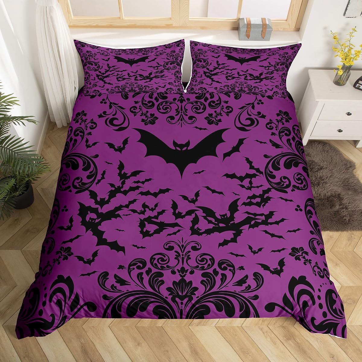Halloween Vleermuis Dekbedovertrek Set Enkele Maat Paars Zwart Gothisch Beddengoed Set Met 1 Kussensloop Gotische Damast Bloemen 135*200cm