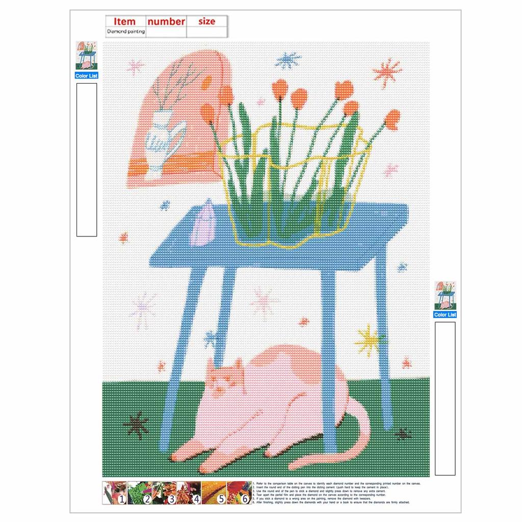 Full Drill Diamond Painting Kit Cute Pink Cat and Tulip Flowers Art Relaxing Creative Craft for Home Wall Decoration Enjoyable DIY Hobby Set