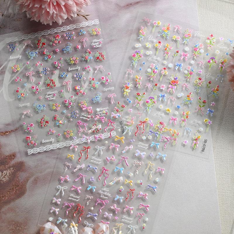 1 Sheet 3D Spring Flower Series Nail Stickers Colorful Rose Bouquet Nail Decal Self-Adhesive Daisy Ribbon Bow Manicure Sticker