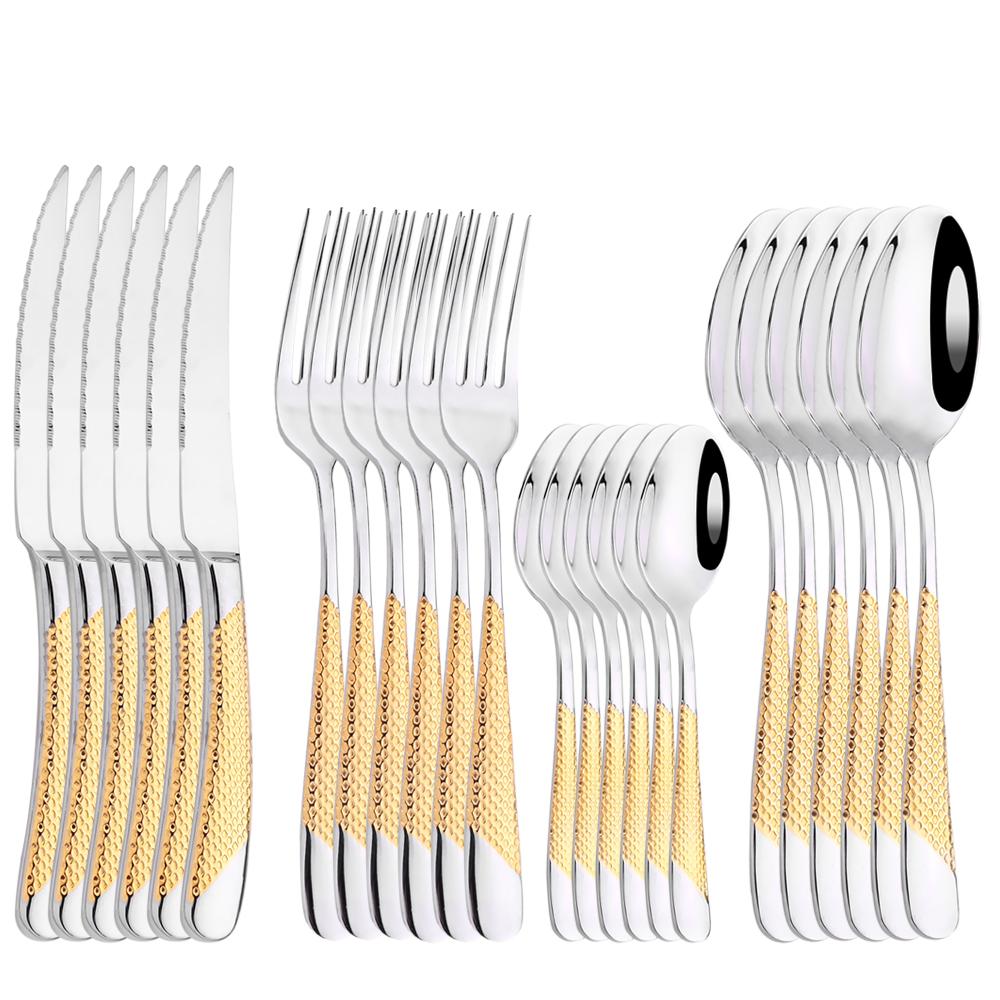 24Pcs Dinnerware Sets Stainless Steel Flatware Set Steak Knife Fork Teaspoon Tableware Cutlery Set Food Silverware