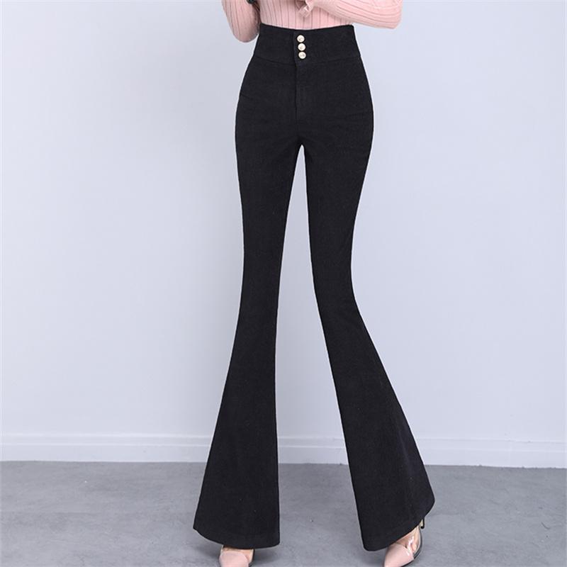 Podzim Zima Móda Korejský Korejský styl Manšestrové Zvonové Kalhoty Dámské Elegantní Knoflíkové Provedení Elastický Vysoký Pas Skinny Kalhoty