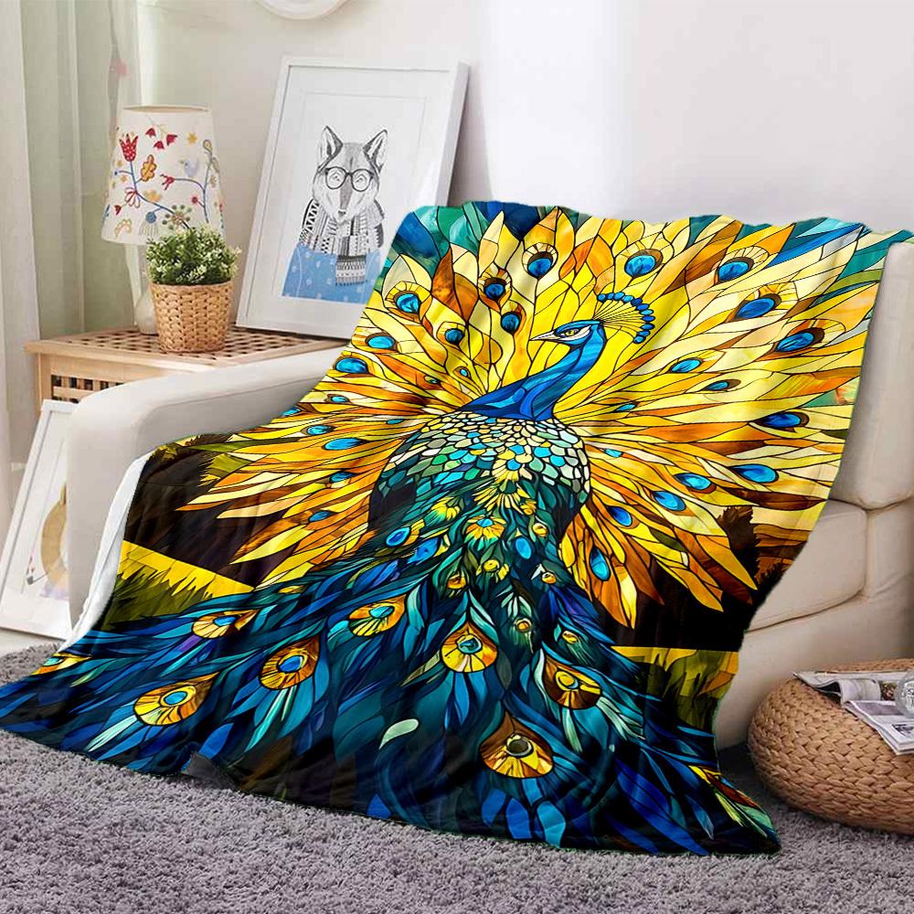 1pc Peacock StainedGlass Lightweight Flannel Blanket, Comfortable and Warm Blanket, for Office and Camping Sofa Bed, Livingroom082