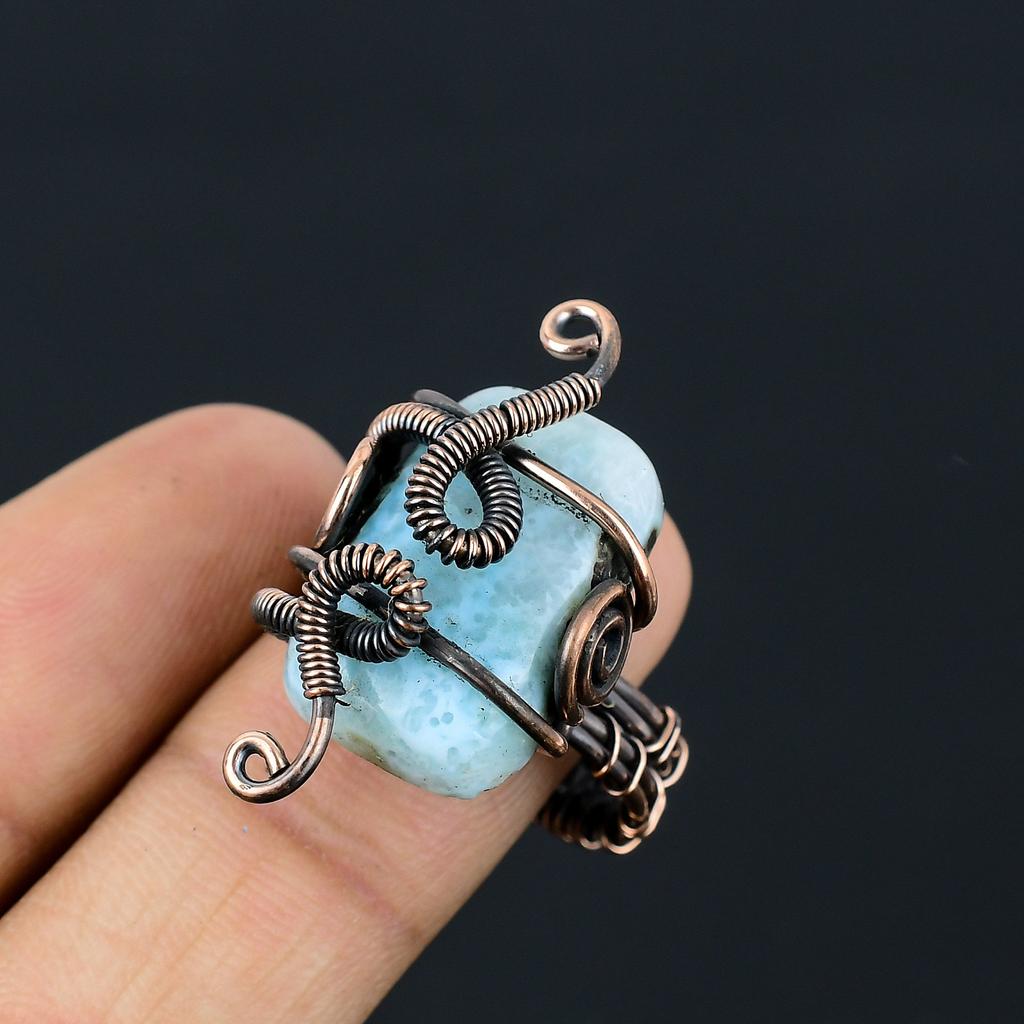 Natural Larimar Gemstone Handmade Copper Wire Wrap Gift Ring Size 8 Q8r40