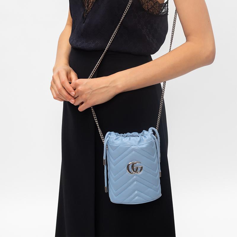 Gucci crossbody bag GG Marmont Silver Label Logo Quilted Leather Drawstring Bucket Chain Shoulder Mini Women's Light Blue Candy Color Unicorn Color