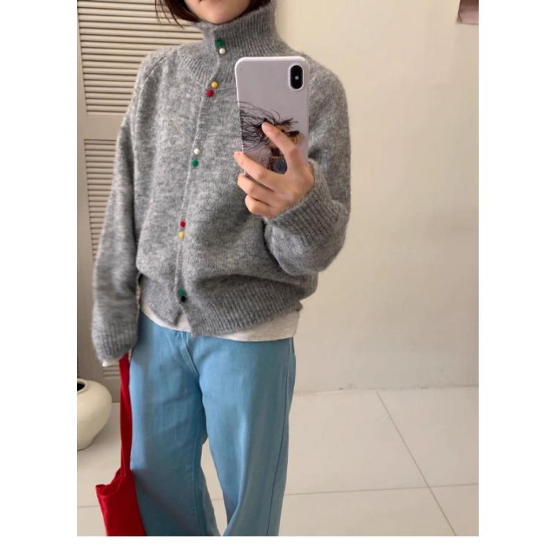 

New color button design plush lapel loose lazy wind knitted cardigan top jacket One Size