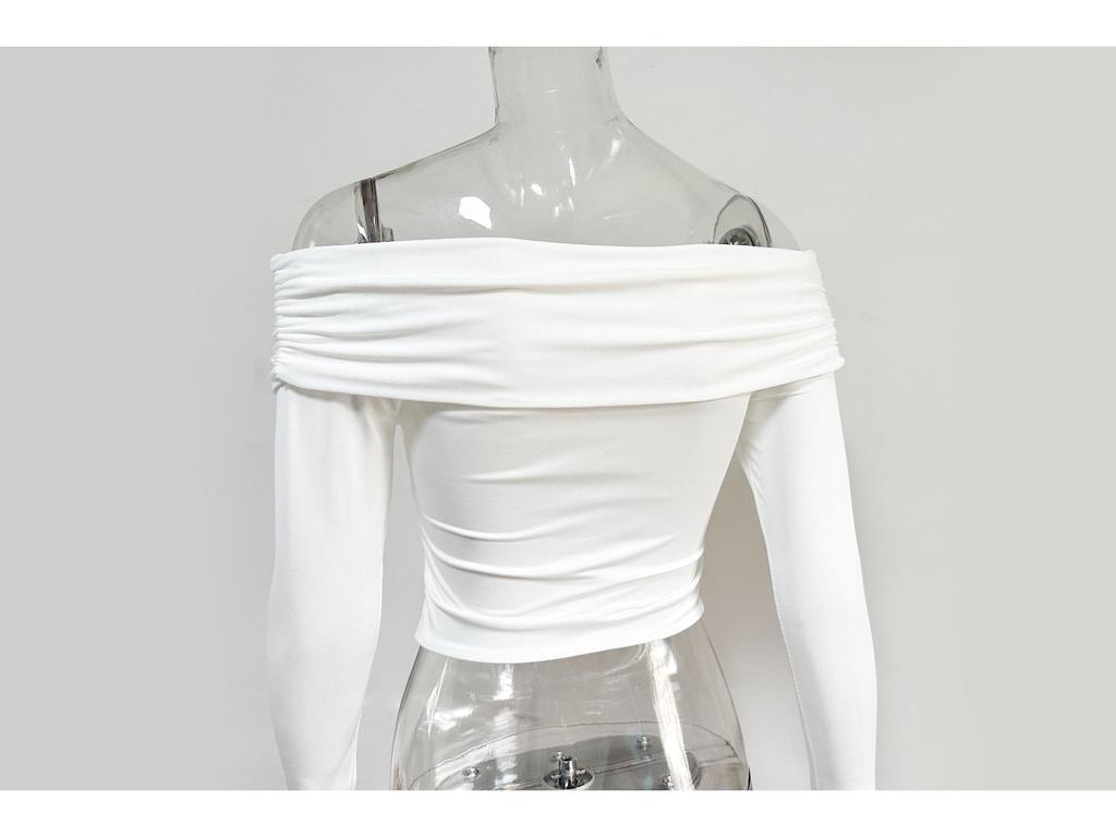 2024 European & American Autumn/Winter Women's Sexy Deep V Long Sleeve Pleated Off-Shoulder Top