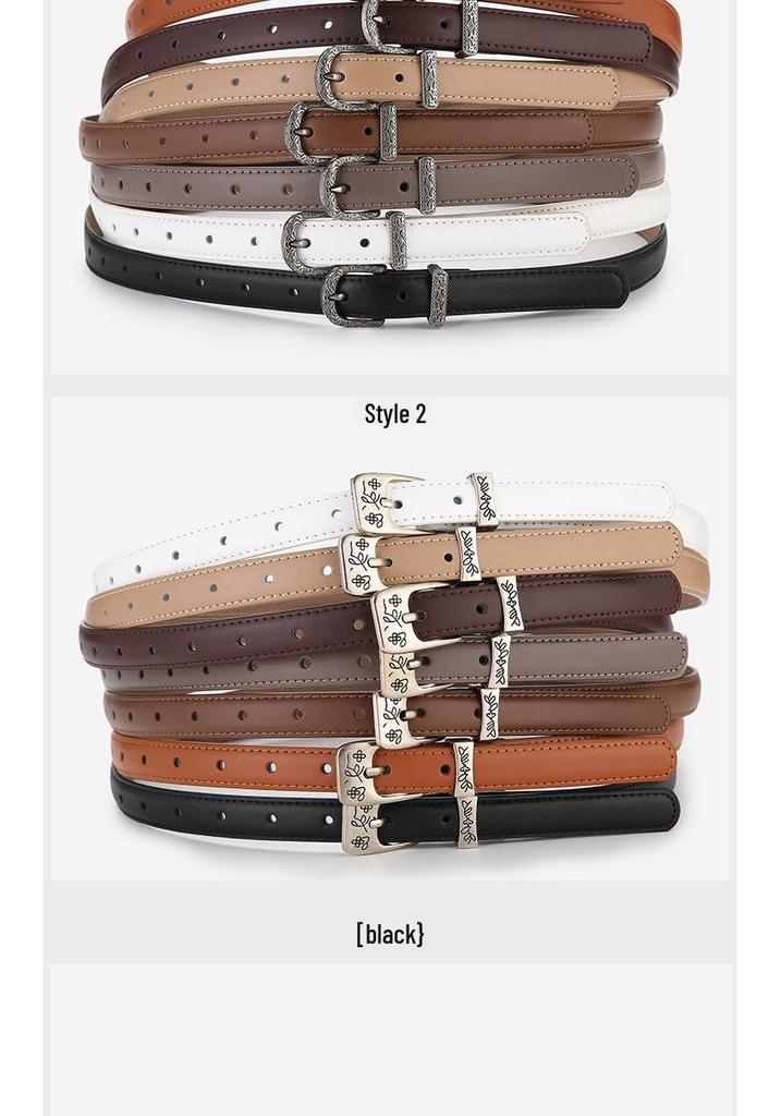 Elegant Women's Two-Layer Genuine Cowhide Leather Belt with Retro Silver Pin Buckle - Thin Decorative Accessory for Pants