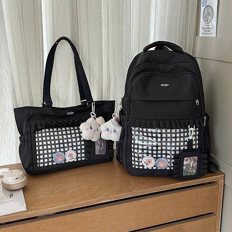 Schoolbag Korean Version Cute Plaid Schoolbag Female Junior High School Student High Value Transparent Bar Pain Bag Ins Wind Large Capacity Backpack