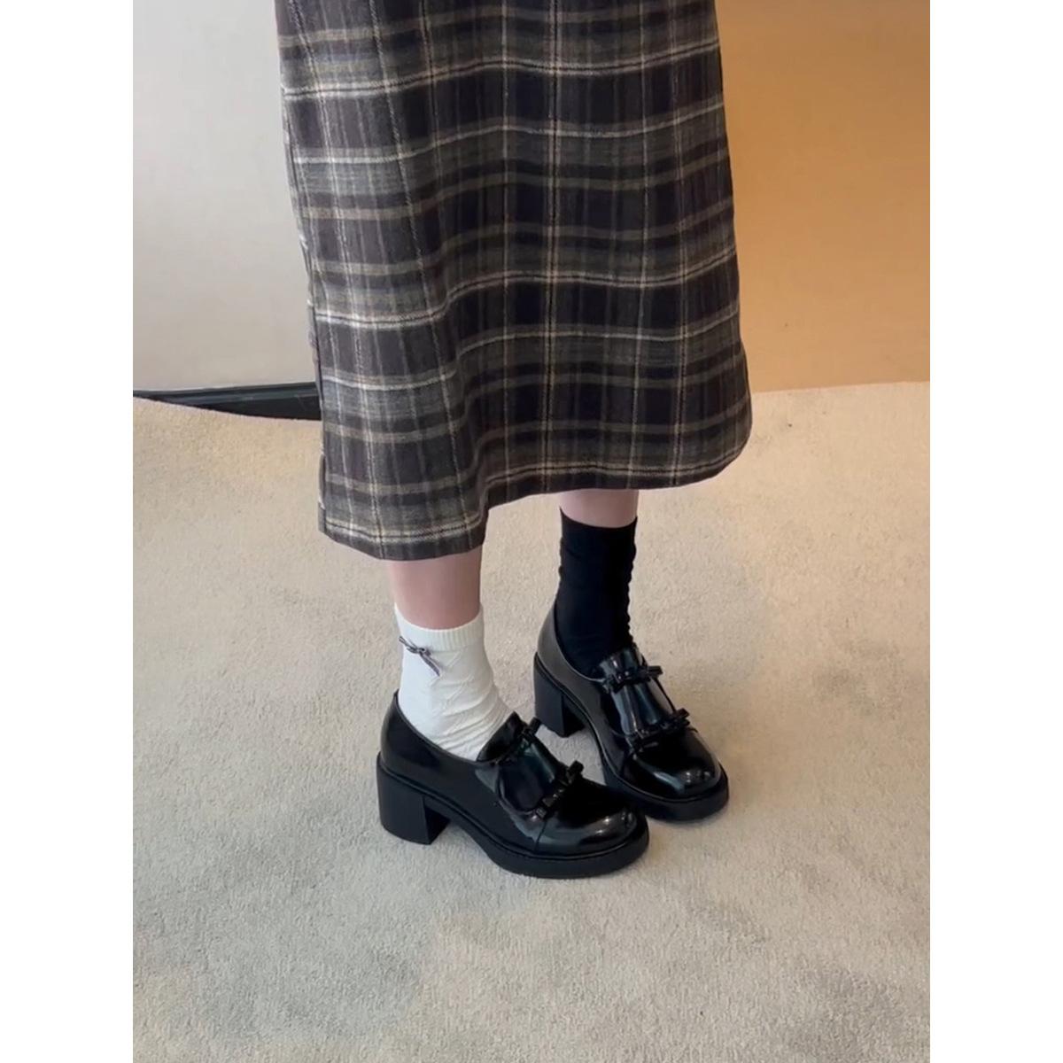 

Cowhide version~ British style bow high-heeled Mary Jane single shoes round head one-pedal small leather shoes thick-heeled loafers 40 чёрный