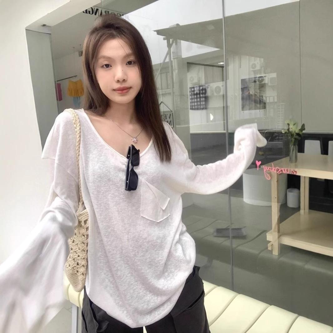 

Elegant Sheer White U-Neck Long Sleeve Top - Women s Spring/Fall Loose Fit Cover-Up S білий