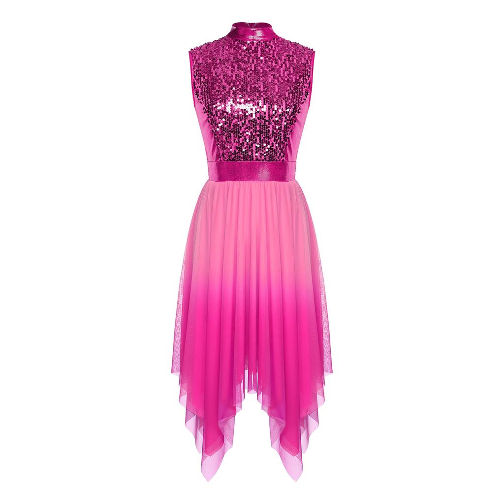 Womens Worship Praise Dance Dress Shiny Sequine Sleeveless Bodice Gradient Mesh Irregular Hem Lyrical Costume