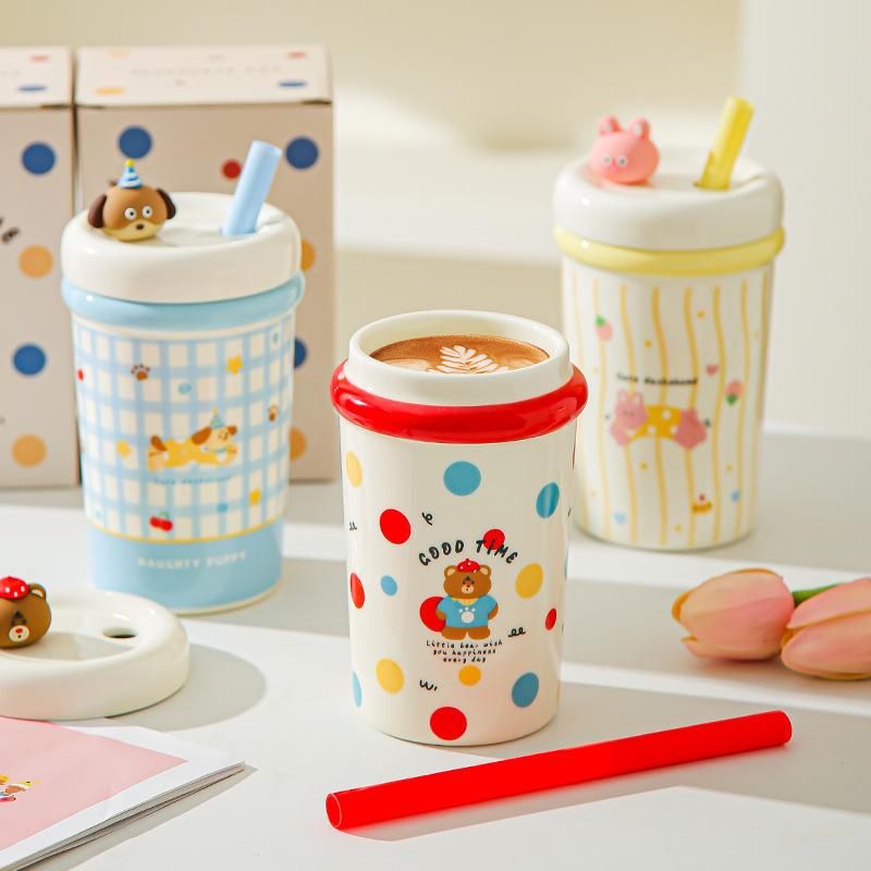 Girl's Heart Cute Pet Mug Cute Straw Ceramic Cup with Lid Spoon Girls Coffee Milk Cup Birthday Gift
