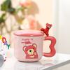 Cute Cartoon Ceramic Cup Powder Bear Mug with Lid Spoon High Looking Girl Drinking Water Cup for Home Use