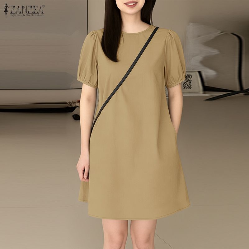 ZANZEA Women Casual Round Neck Solid Color Summer Short Sleeve Dress