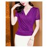 Summer New Style Cross V-neck Solid Color Mesh Bright Pink Slim Fit Short-sleeved Top for Women