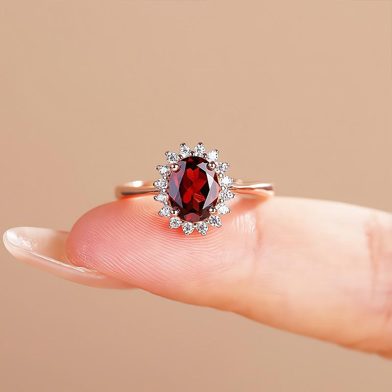 Imitation Natural Garnet Princess Diana Ring Rose Gold Plated With Diamonds Flower Ring