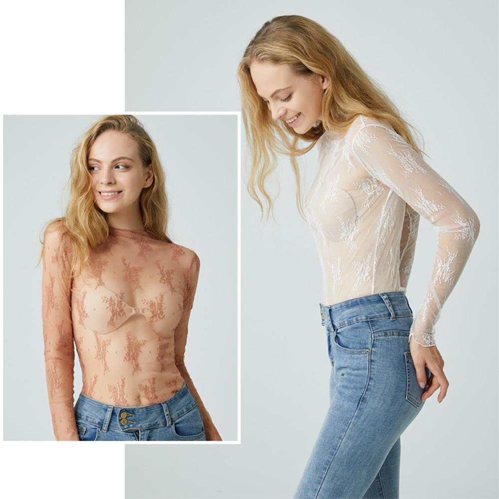 Mesh Lace Bottomed Blouse Hollow Lace Floral Shirts Elegant Transparent T-shirt Spring Autumn